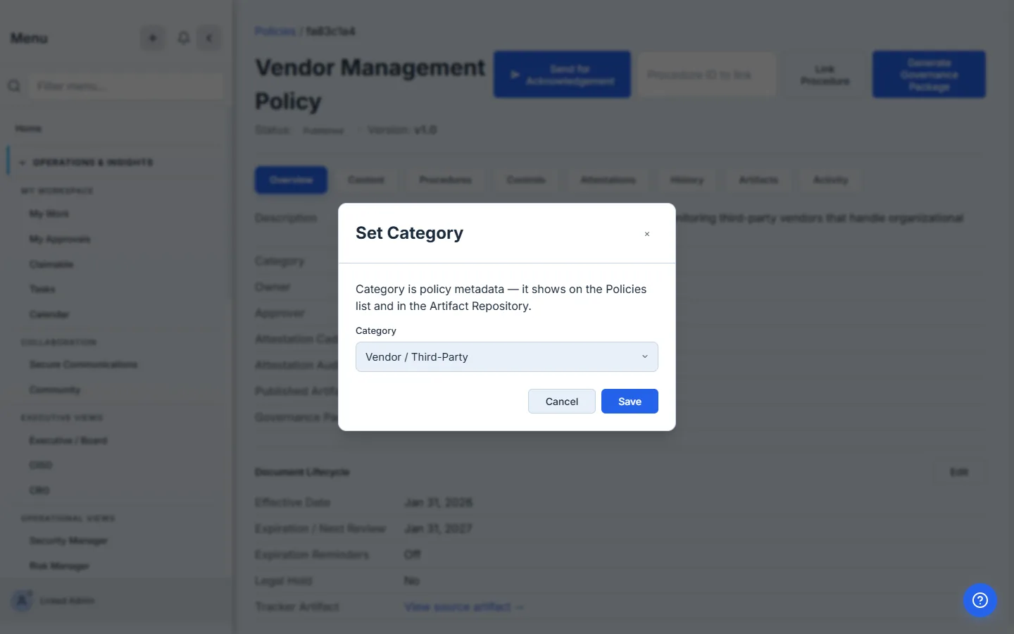 The category picker open on the policy detail page, Vendor / Third-Party selected.