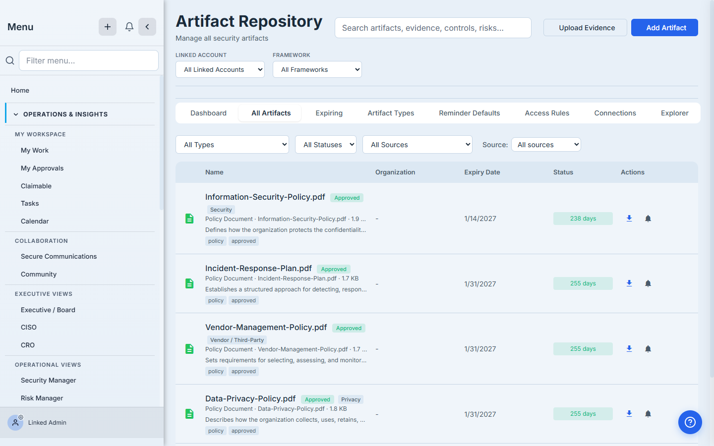 Artifact Repository — each policy-doc artifact carries the humanized policy-type badge mirrored from its policy's category; the one policy on a custom category shows none, exactly as Step 4 describes.