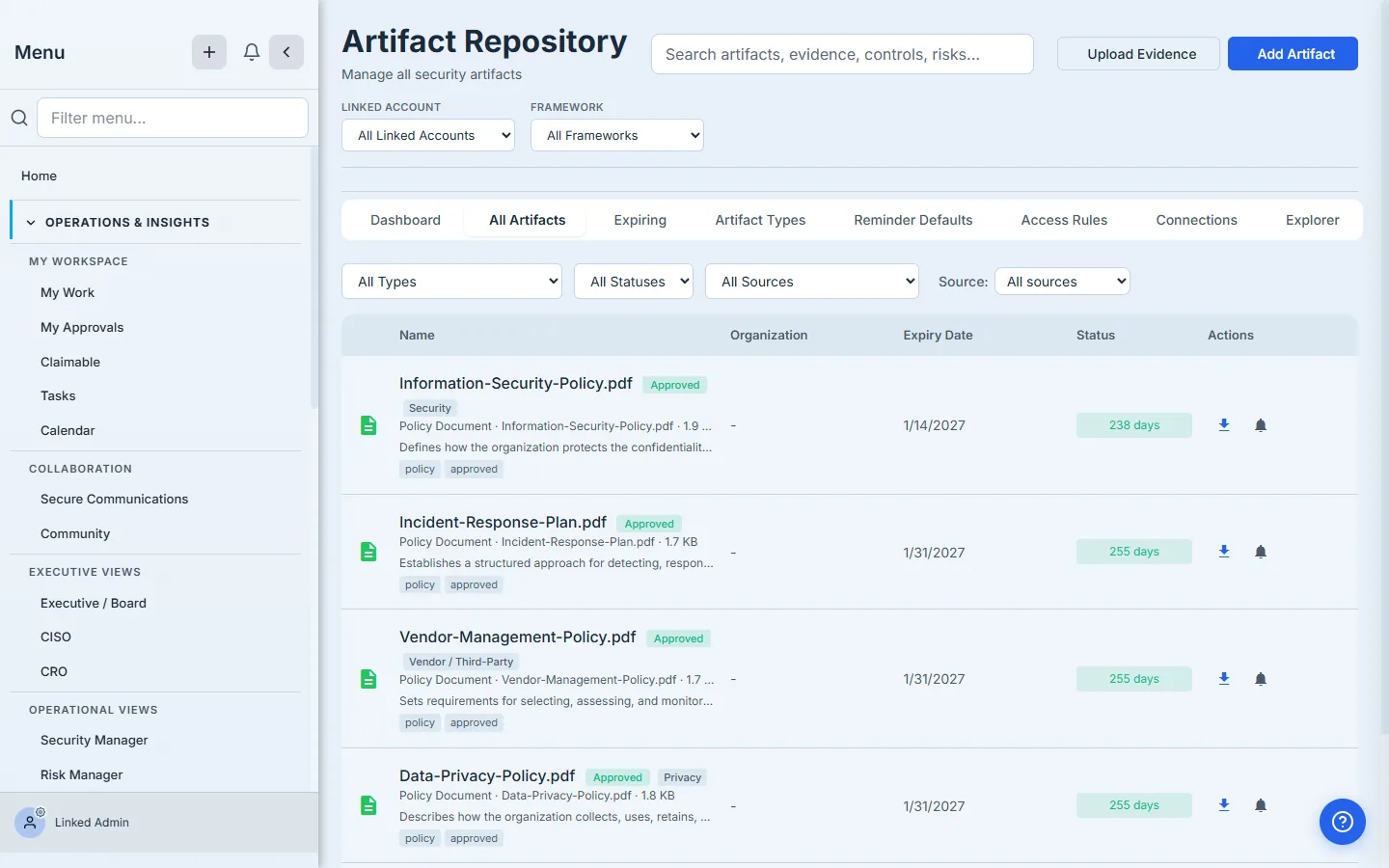Artifact Repository — each policy-doc artifact carries the humanized policy-type badge mirrored from its policy's category; the one policy on a custom category shows none, exactly as Step 4 describes.