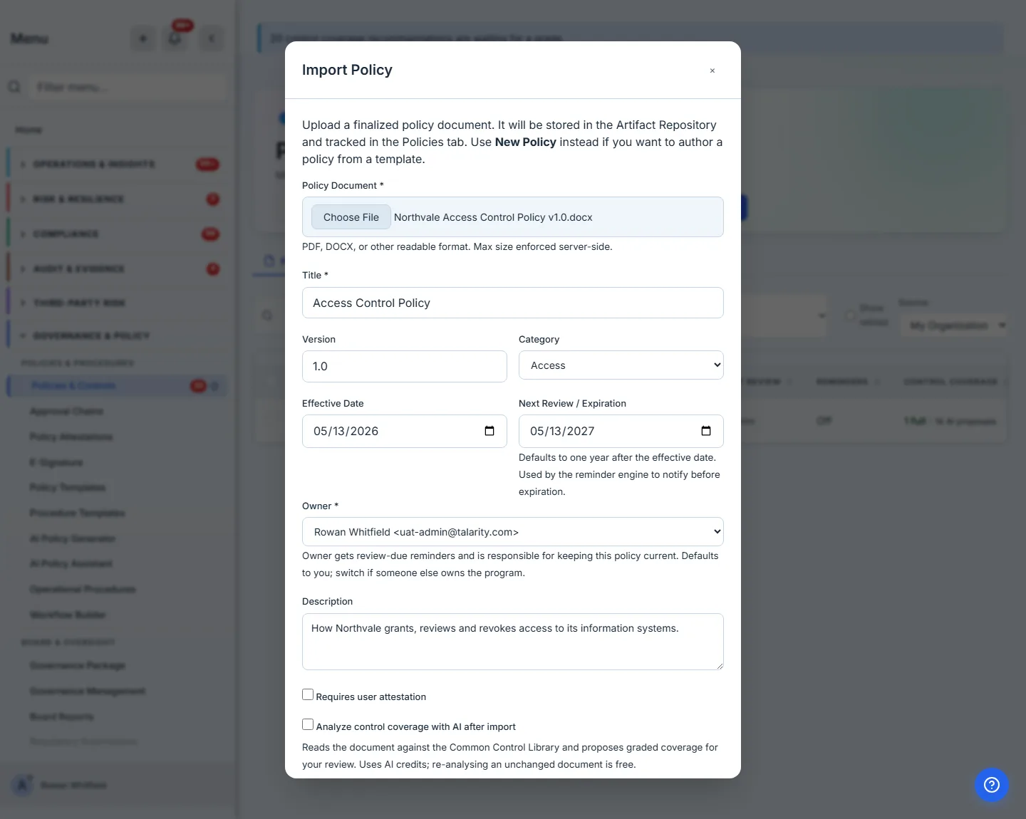 The Import Policy dialog, filled in: file chosen, title, version, category, effective date, and the Next Review date derived from it.