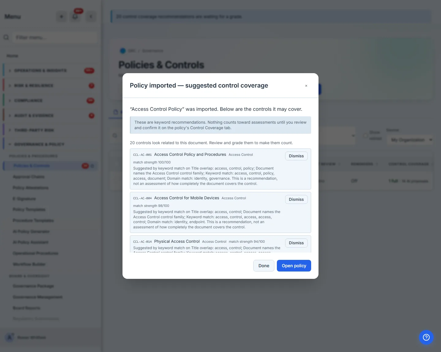The import dialog's second step: a list of matched controls with their match strengths, under a notice explaining that nothing counts until reviewed.