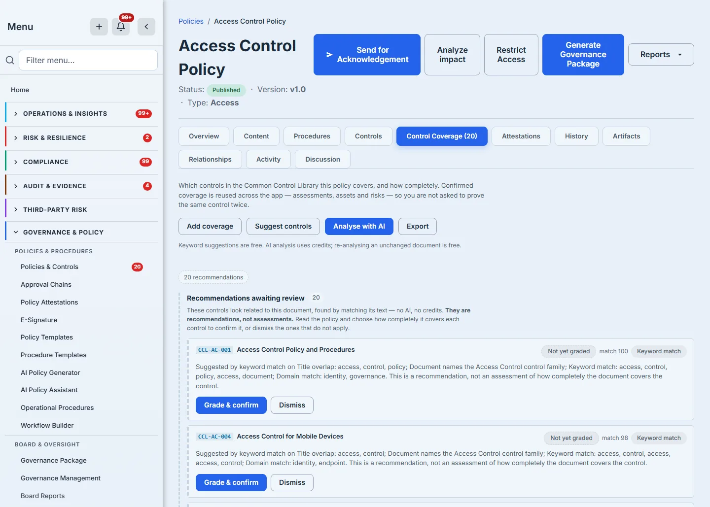 The Control Coverage tab showing recommendations awaiting a grade, each with its control, match strength and reasoning.
