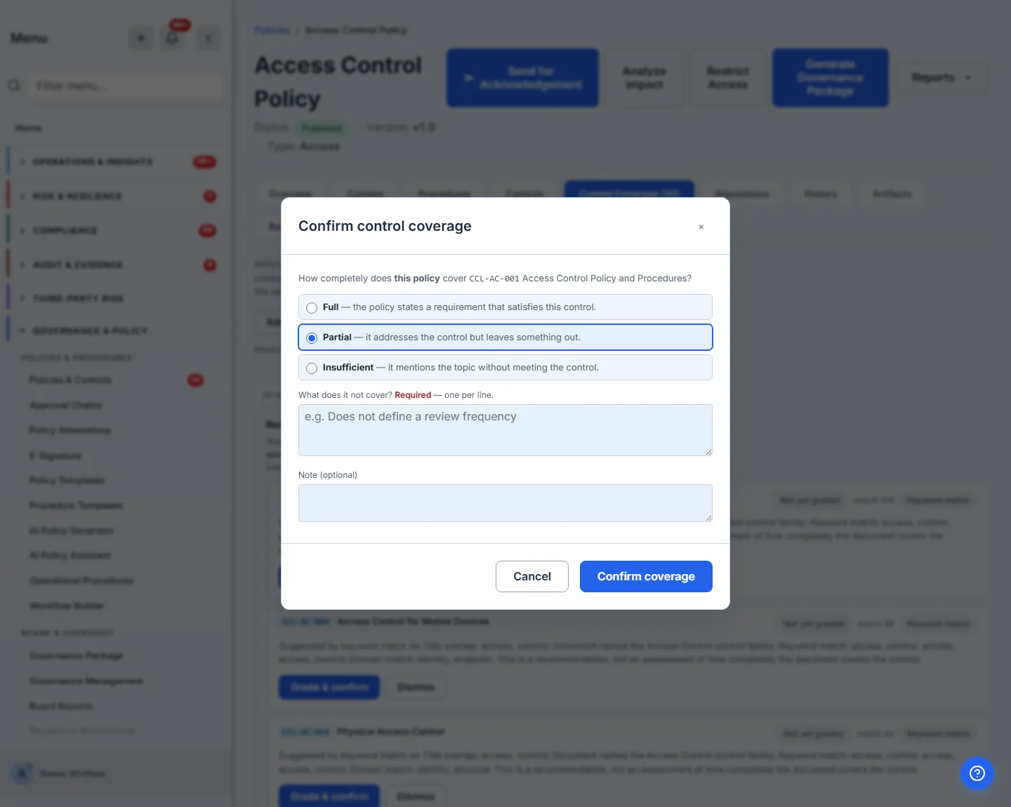 The grading dialog: Full, Partial and Insufficient, each with a plain-language description, and a required gaps field.