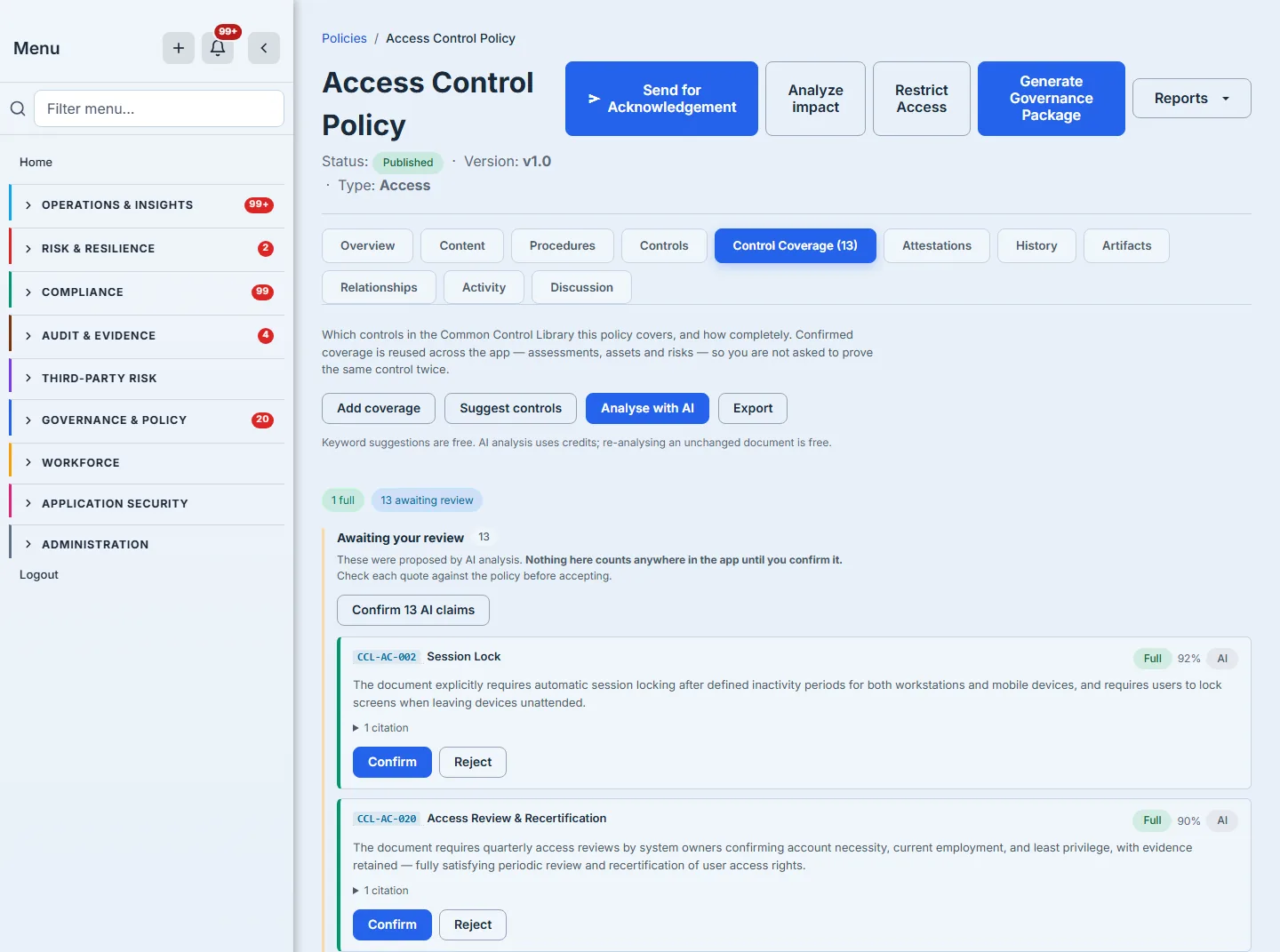 The Control Coverage tab after AI analysis: graded claims with confidence, rationale and citation counts.