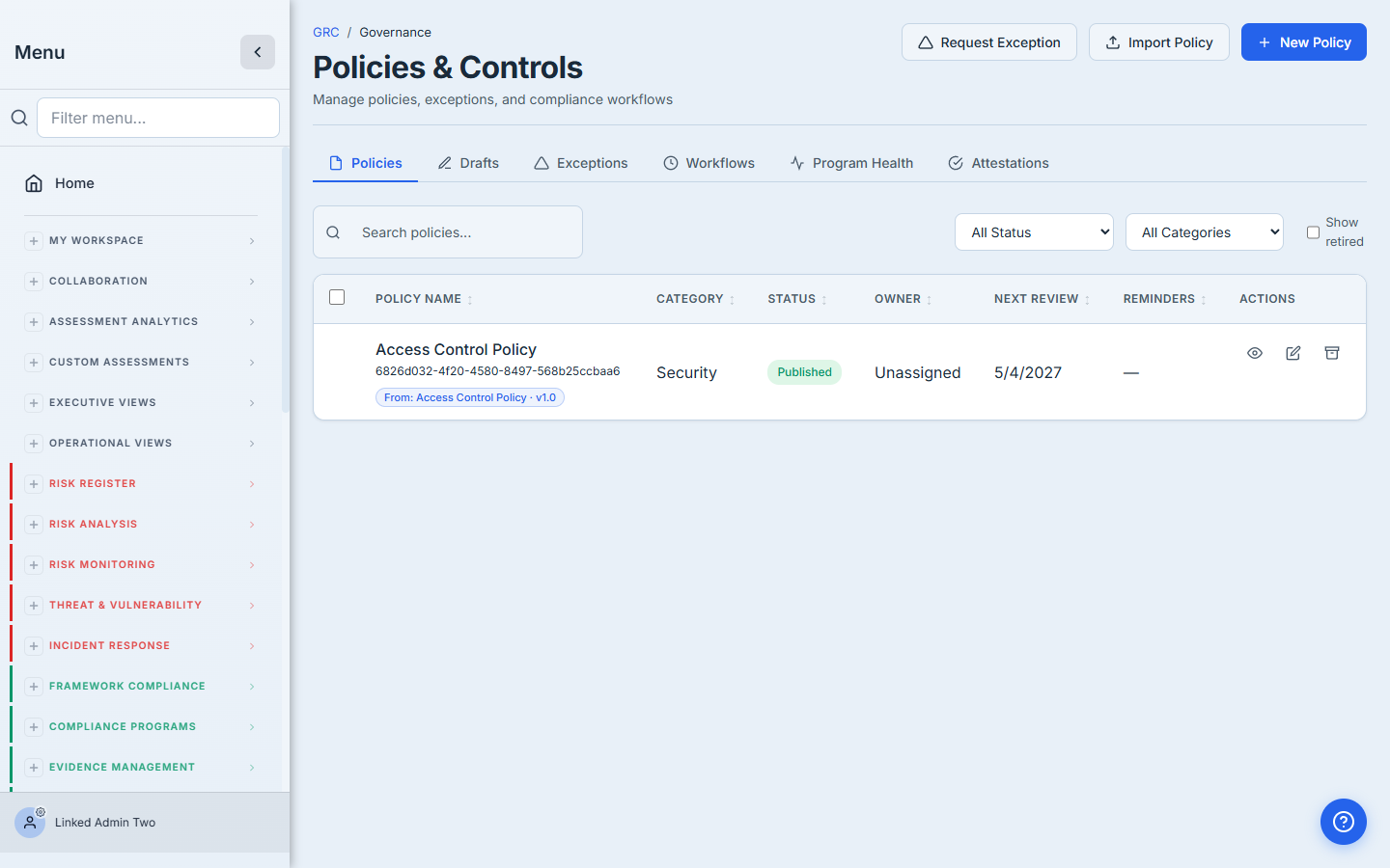 Policies & Controls page with the +Import Policy button in the header.