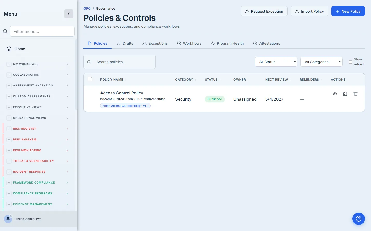 Policies & Controls page with the +Import Policy button in the header.