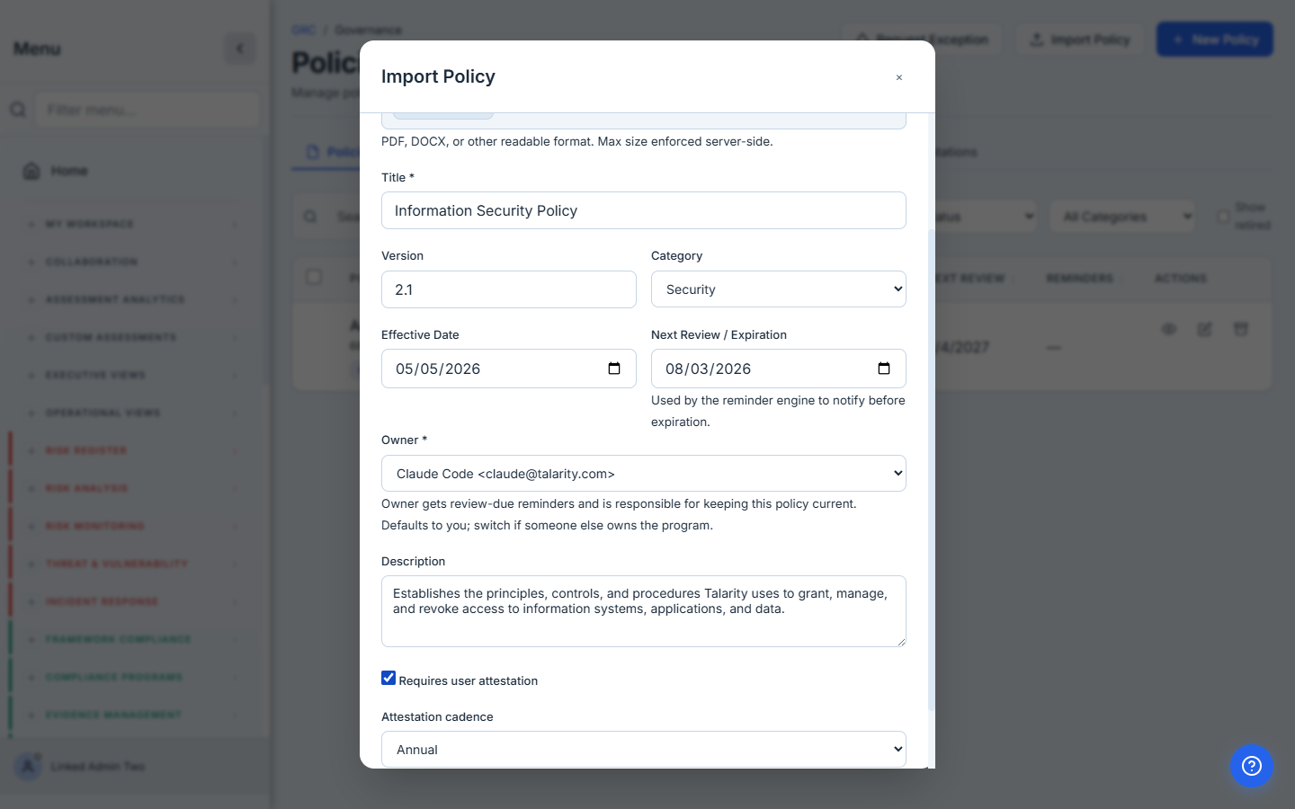 Import Policy modal — file selected, title + version + category filled, owner picker showing Claude Code as the chosen owner.