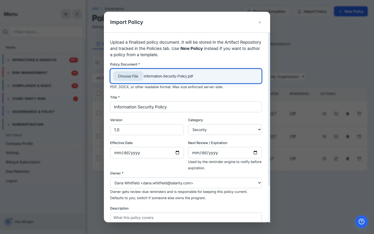 Import Policy modal — file selected, title + version + category filled, owner picker showing Dana Whitfield as the chosen owner.
