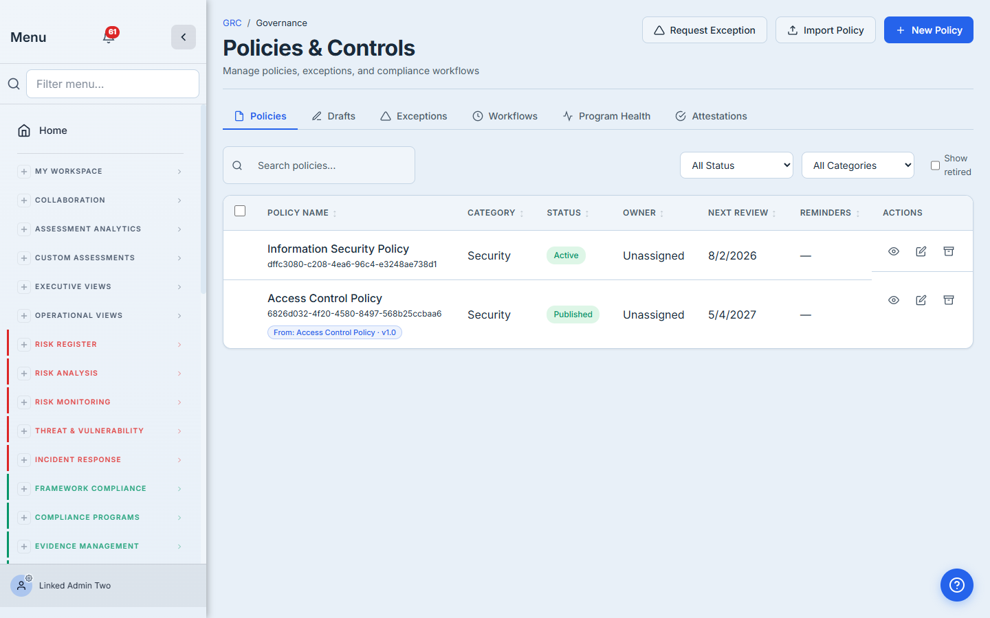Success — Information Security Policy lands in the Policies list as Active.