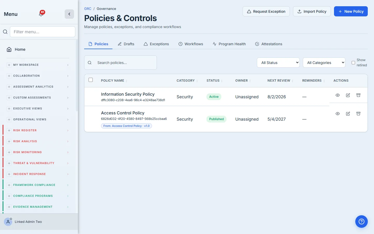 Success — Information Security Policy lands in the Policies list as Published.