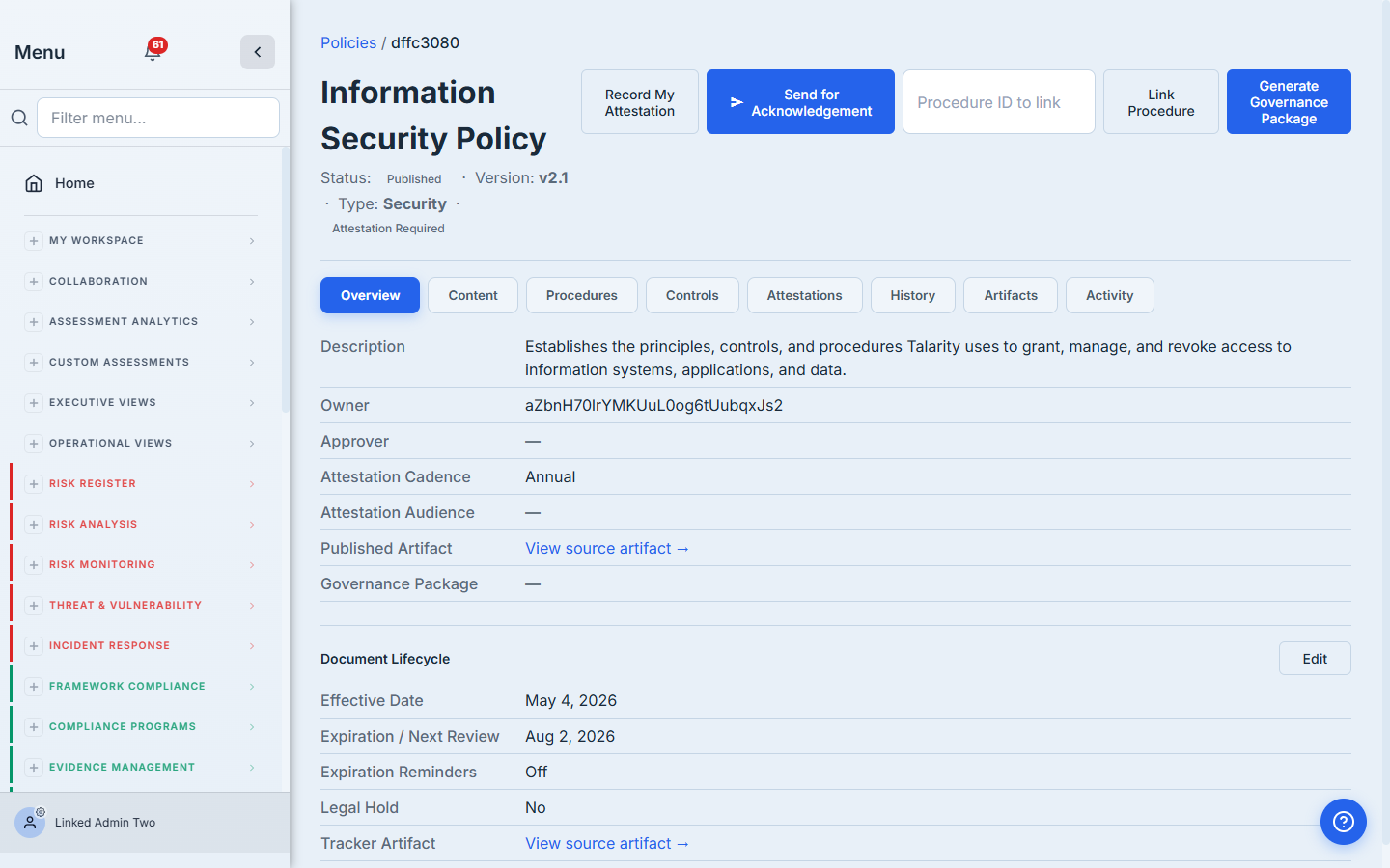 Policy detail Overview tab — Owner, Attestation Cadence, Published Artifact link, Document Lifecycle.