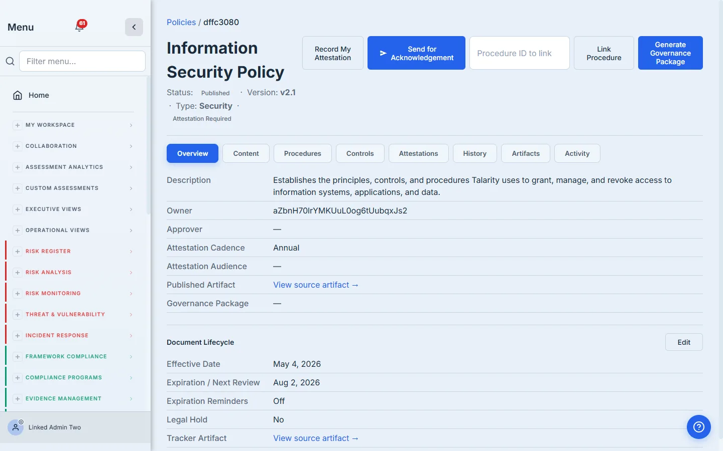 Policy detail Overview tab — Owner, Attestation Cadence, Published Artifact link, Document Lifecycle.