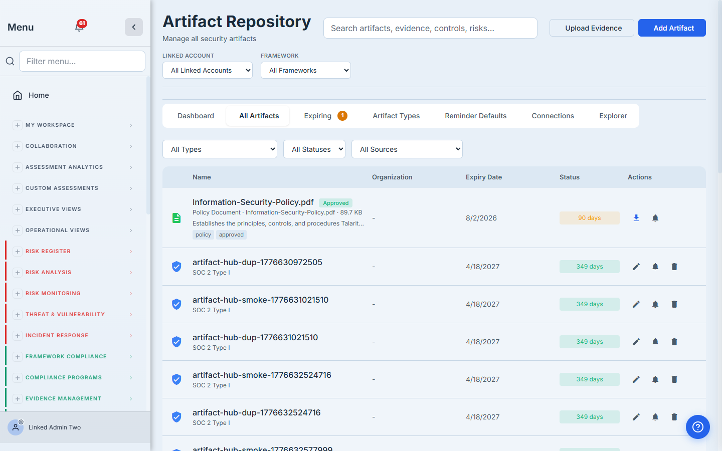 All Artifacts tab — Information-Security-Policy.pdf at the top, with type "Policy Document", "Approved" status badge, and "90 days" until expiry.