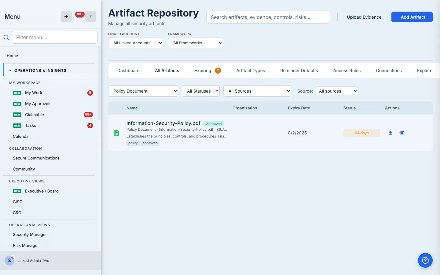 All Artifacts tab — Information-Security-Policy.pdf at the top, with type "Security Policy" and a days-until-expiry countdown badge.