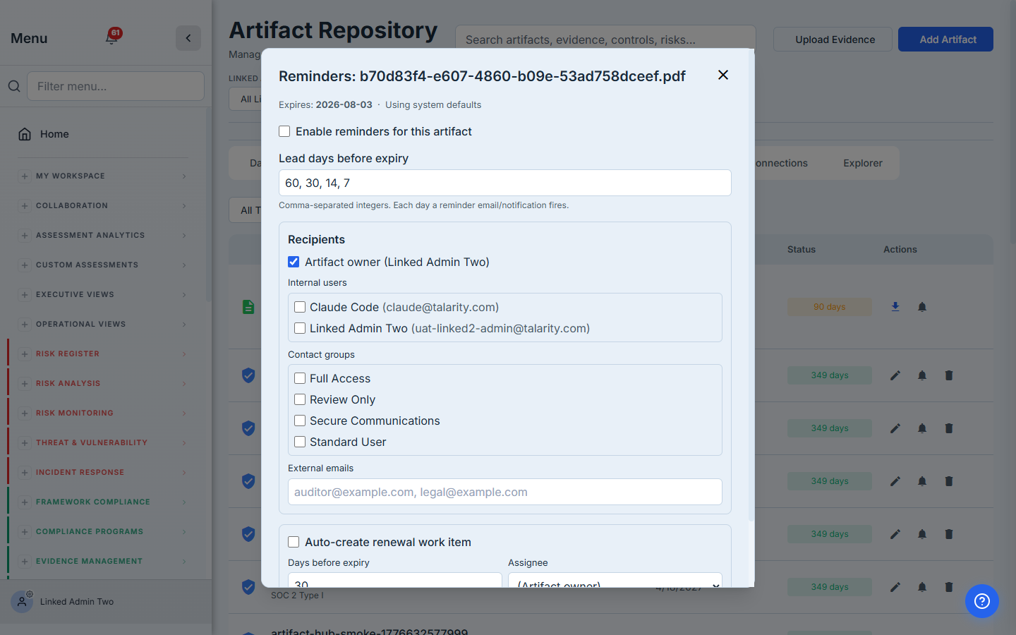 Reminders modal — lead days 60/30/14/7, recipients include Artifact owner + internal users + contact groups, optional auto-create renewal work item.