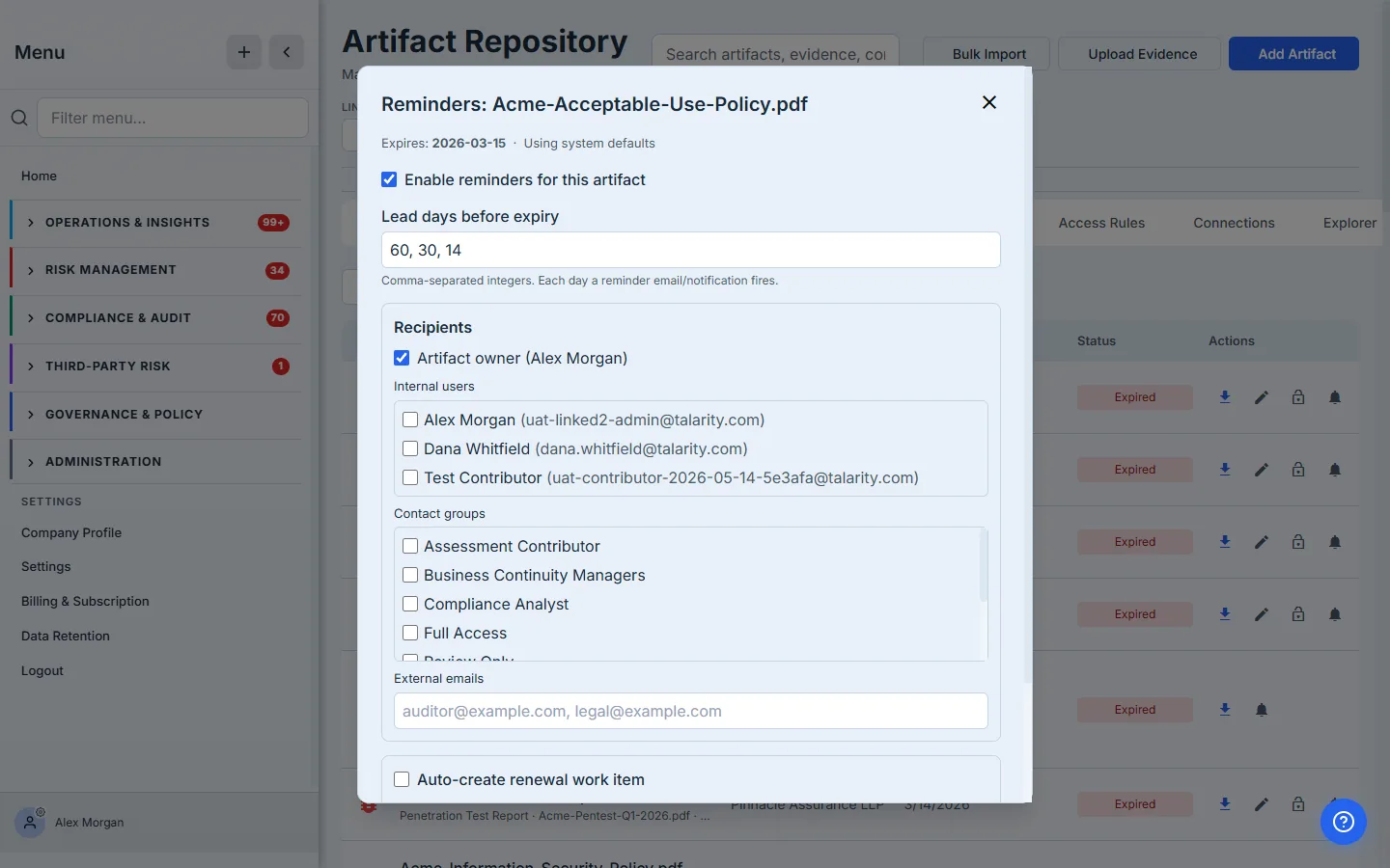 Reminders modal — lead days 60/30/14, recipients include Artifact owner + internal users + contact groups, optional auto-create renewal work item.