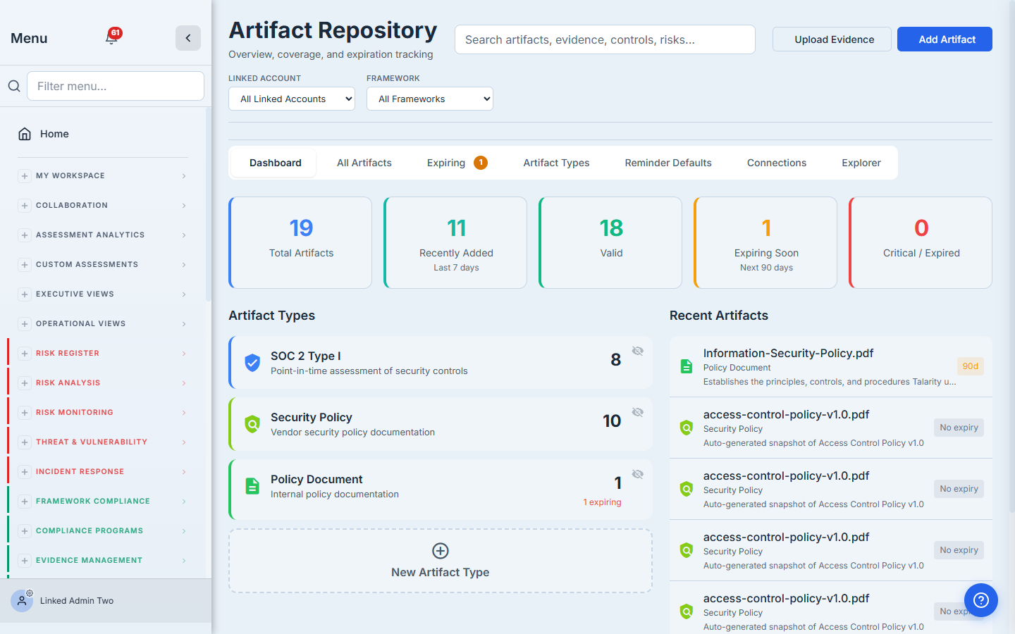 Artifact Repository Dashboard — KPIs, types breakdown, recent artifacts.