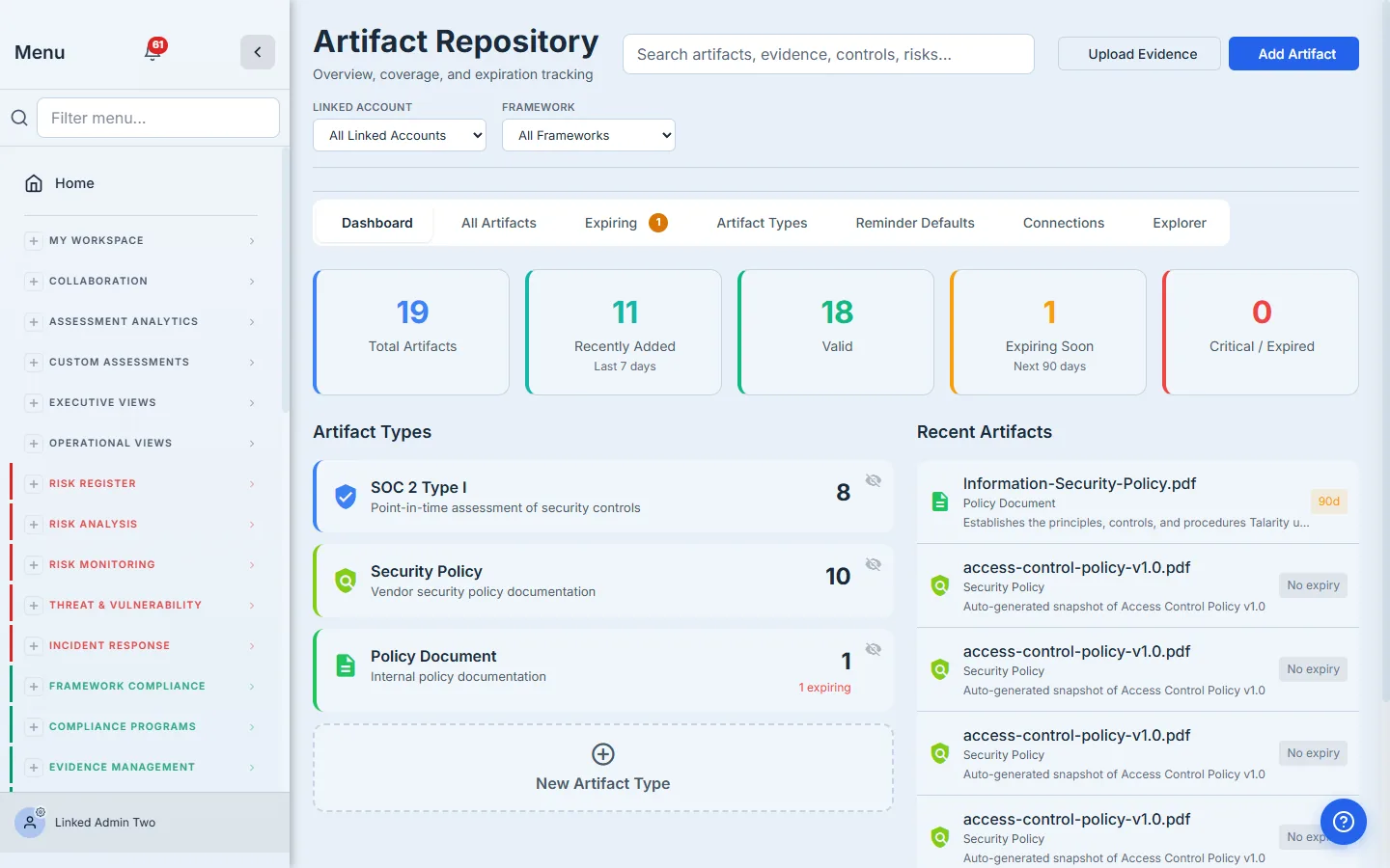 Artifact Repository Dashboard — KPIs, types breakdown, recent artifacts.