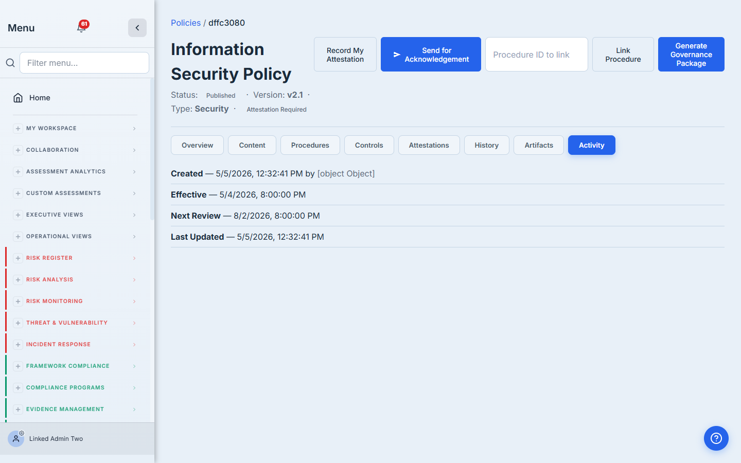 Policy Activity tab — Created, Effective, Next Review, Last Updated.