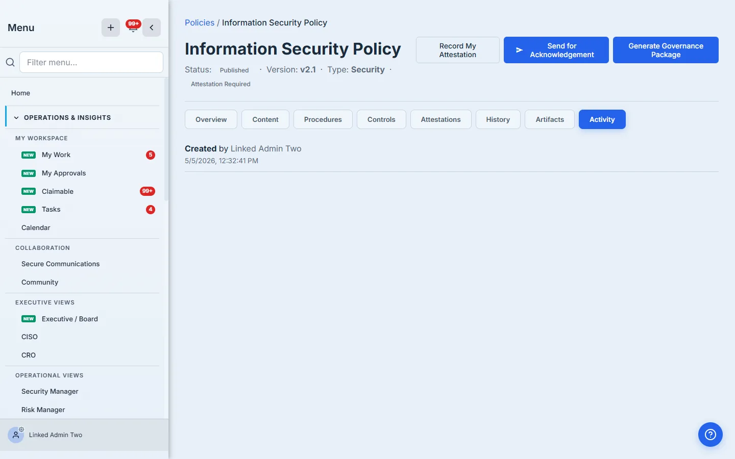 Policy Activity tab — the real audit-log trail, here the policy's Created event with the acting user and timestamp.