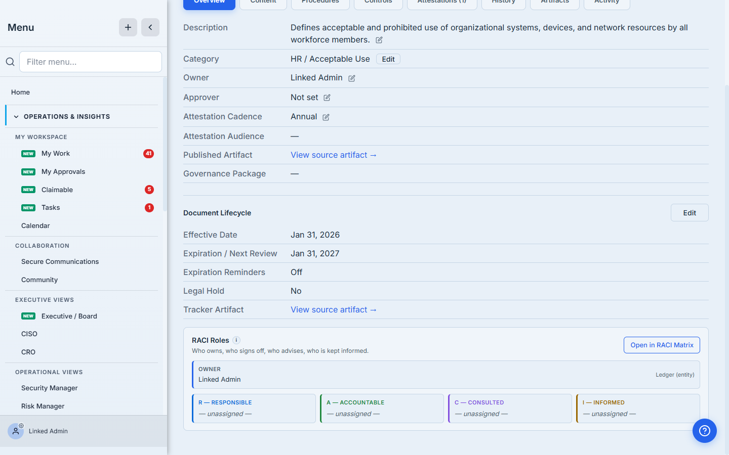 Acceptable Use Policy Overview — Owner, Attestation Cadence set to Annual, Document Lifecycle, and the RACI ownership block.