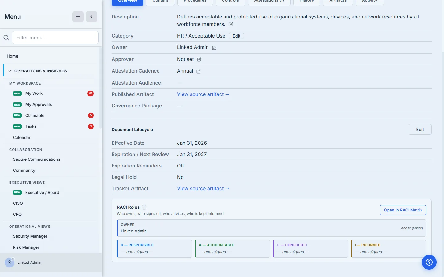 Acceptable Use Policy Overview — Owner, Attestation Cadence set to Annual, Document Lifecycle, and the RACI ownership block.