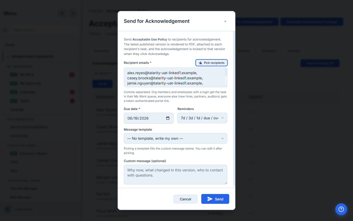 Send for Acknowledgement — recipients pre-filled, the Pick recipients picker, due date, reminder cascade, and message template.