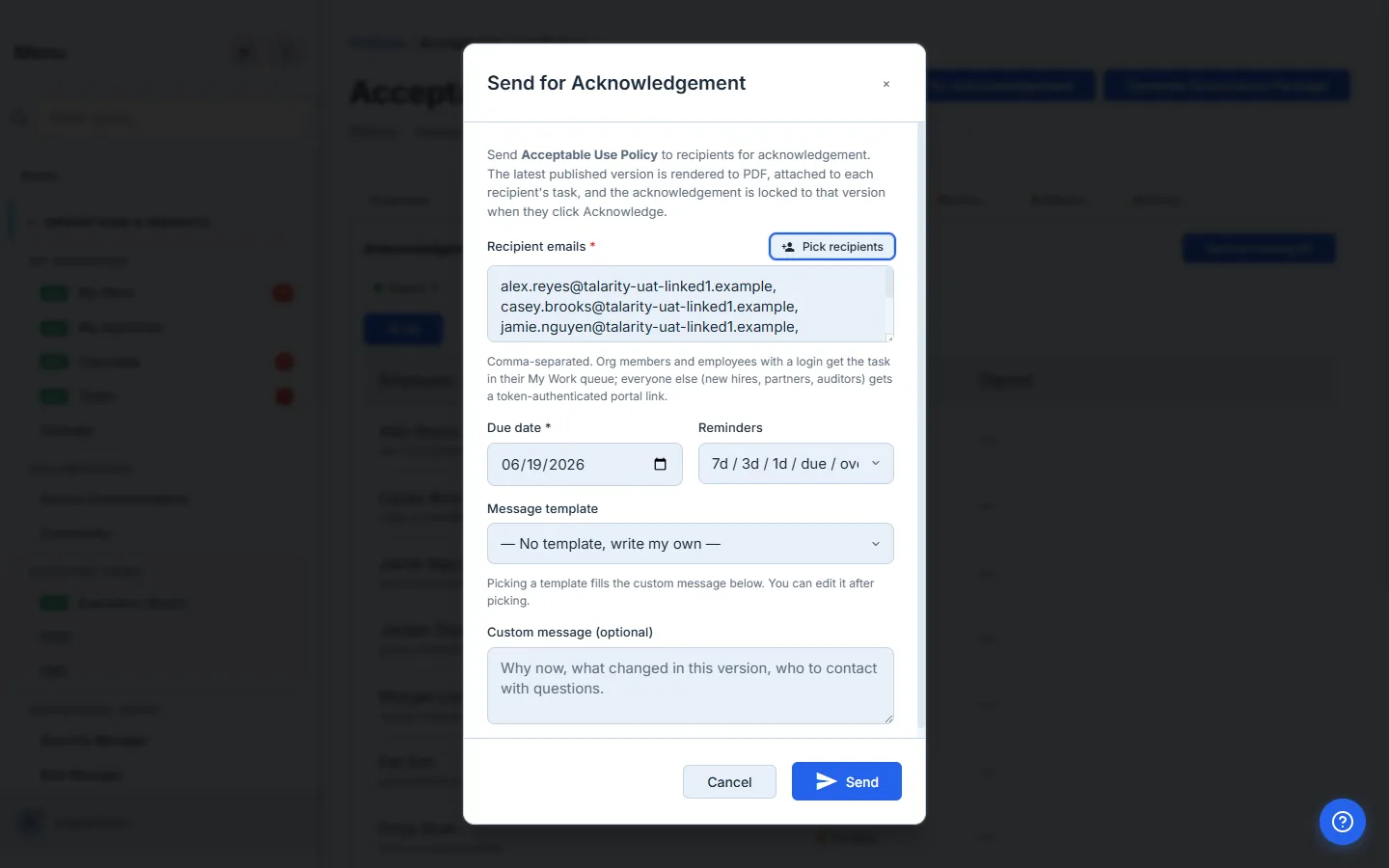 Send for Acknowledgement — recipients pre-filled, the Pick recipients picker, due date, reminder cascade, and message template.