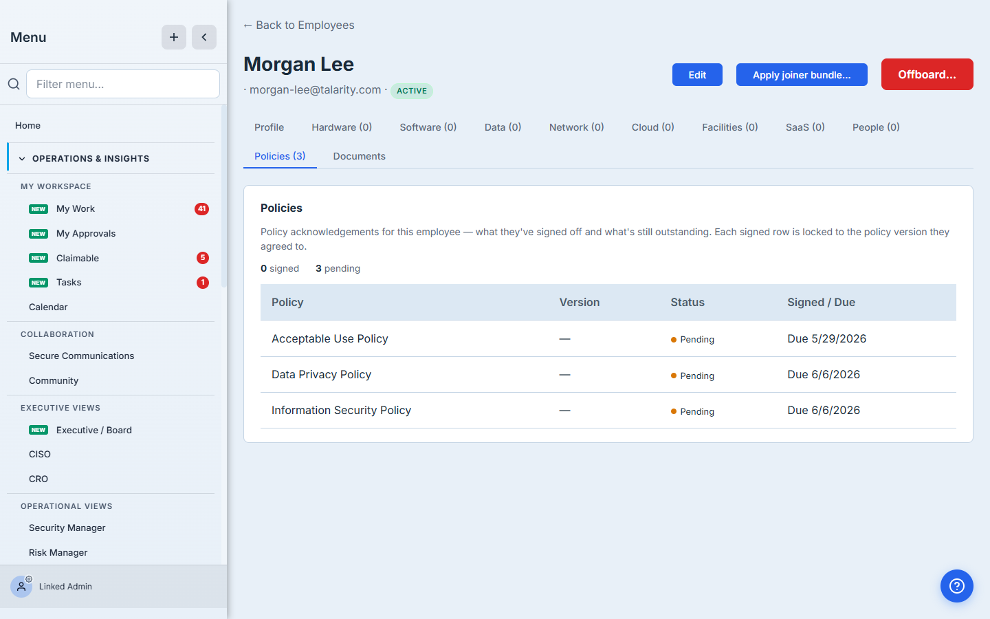 Employee Policies tab — each policy the person has been sent, marked Signed with version and date or Pending with a due date.