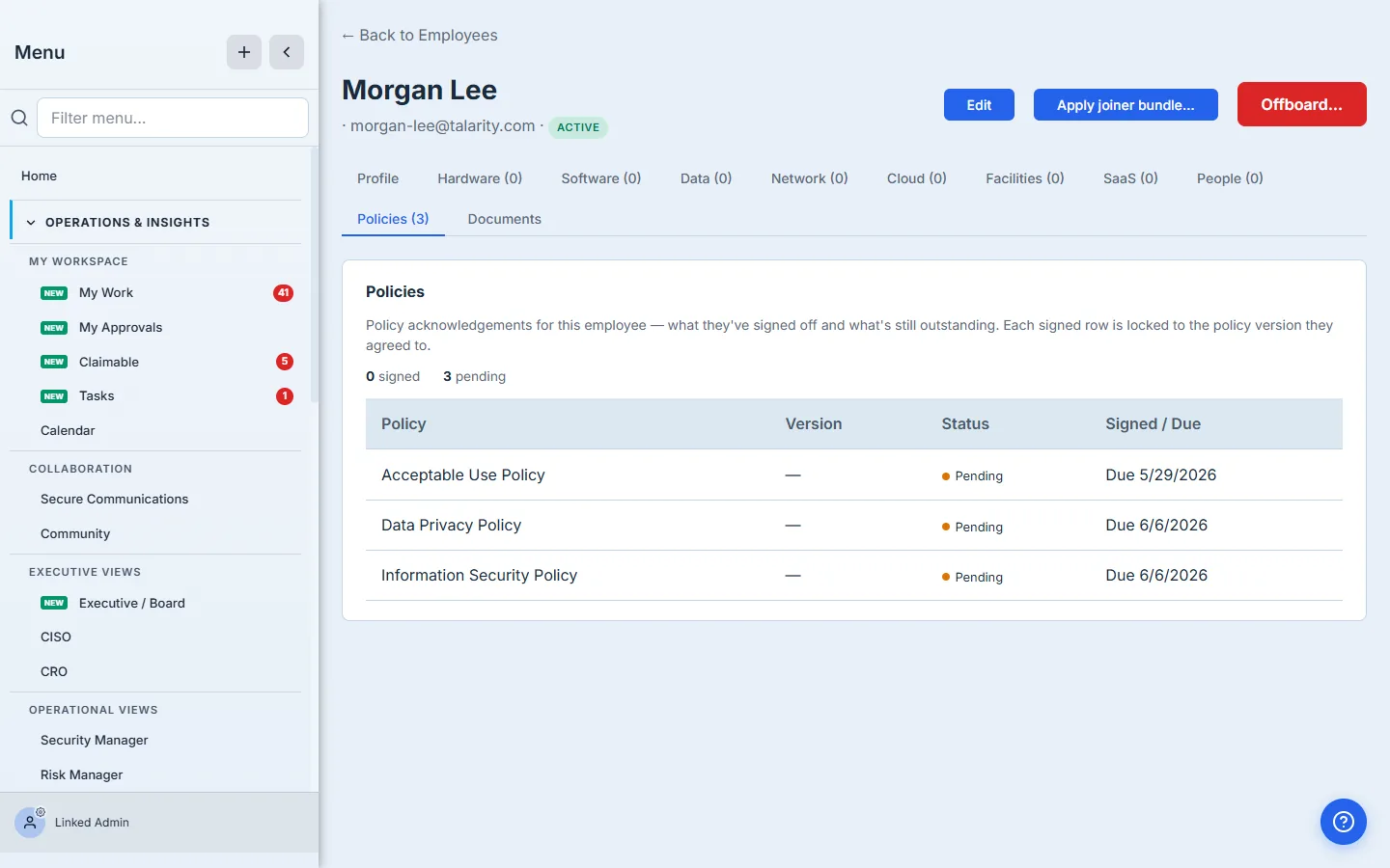 Employee Policies tab — each policy the person has been sent, marked Signed with version and date or Pending with a due date.