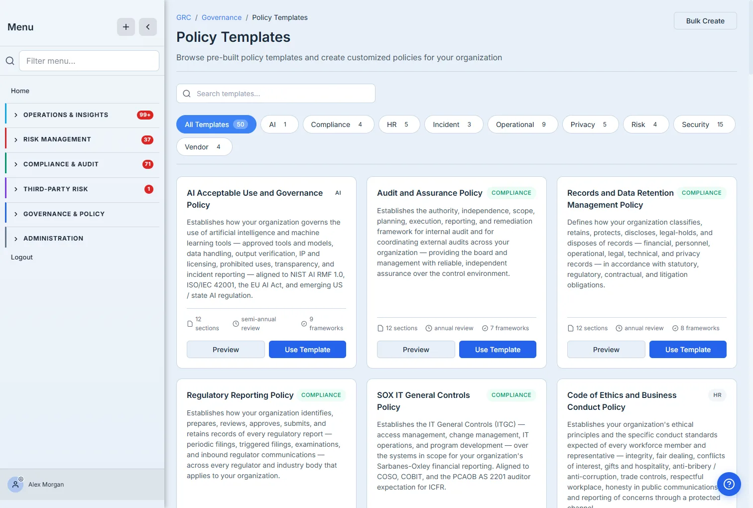 The Policy Templates library — a "Bulk Create" action, category filter chips (All 50, Compliance, HR, Incident, Operational, Privacy, Risk, Security…), and template cards (AI Acceptable Use, Audit and Assurance, Records and Data Retention, Regulatory Reporting, SOX IT General Controls, Code of Ethics) each with a plain-language description, a category badge, and Preview / Use Template actions.