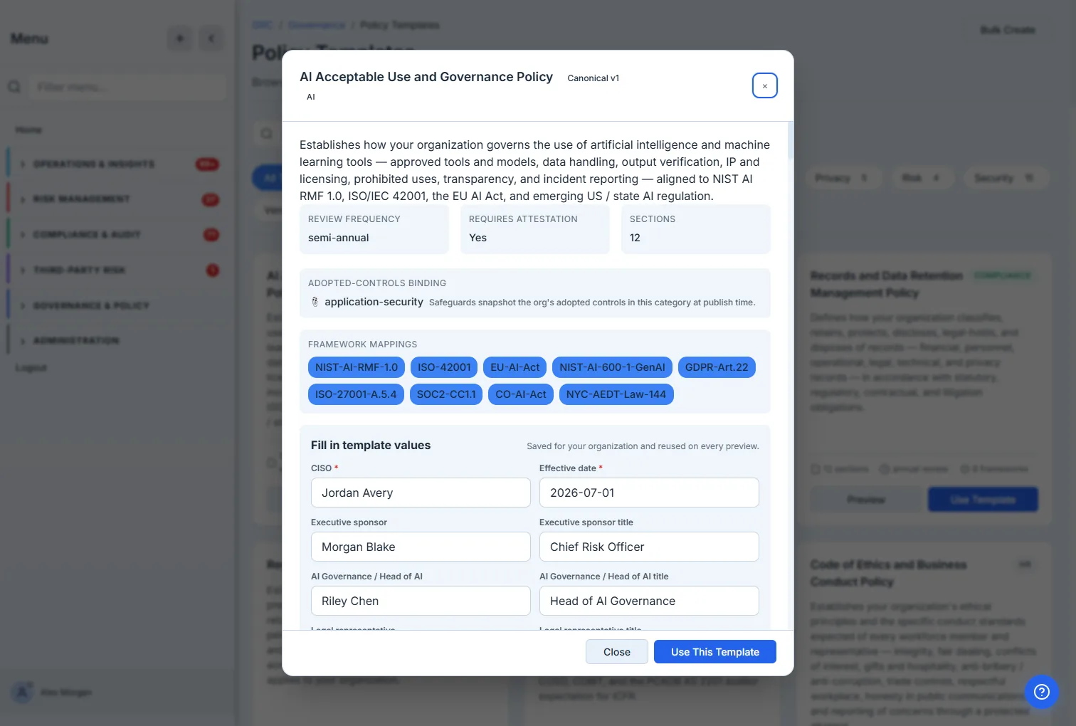 The AI Acceptable Use and Governance Policy preview — semi-annual review, attestation required, 12 sections, an adopted-controls binding, framework-mapping chips (NIST AI RMF 1.0, ISO/IEC 42001, EU AI Act…), and a "Fill in template values" editor where the organization's specifics (approvers, effective date, role titles) are entered once and reused across templates.