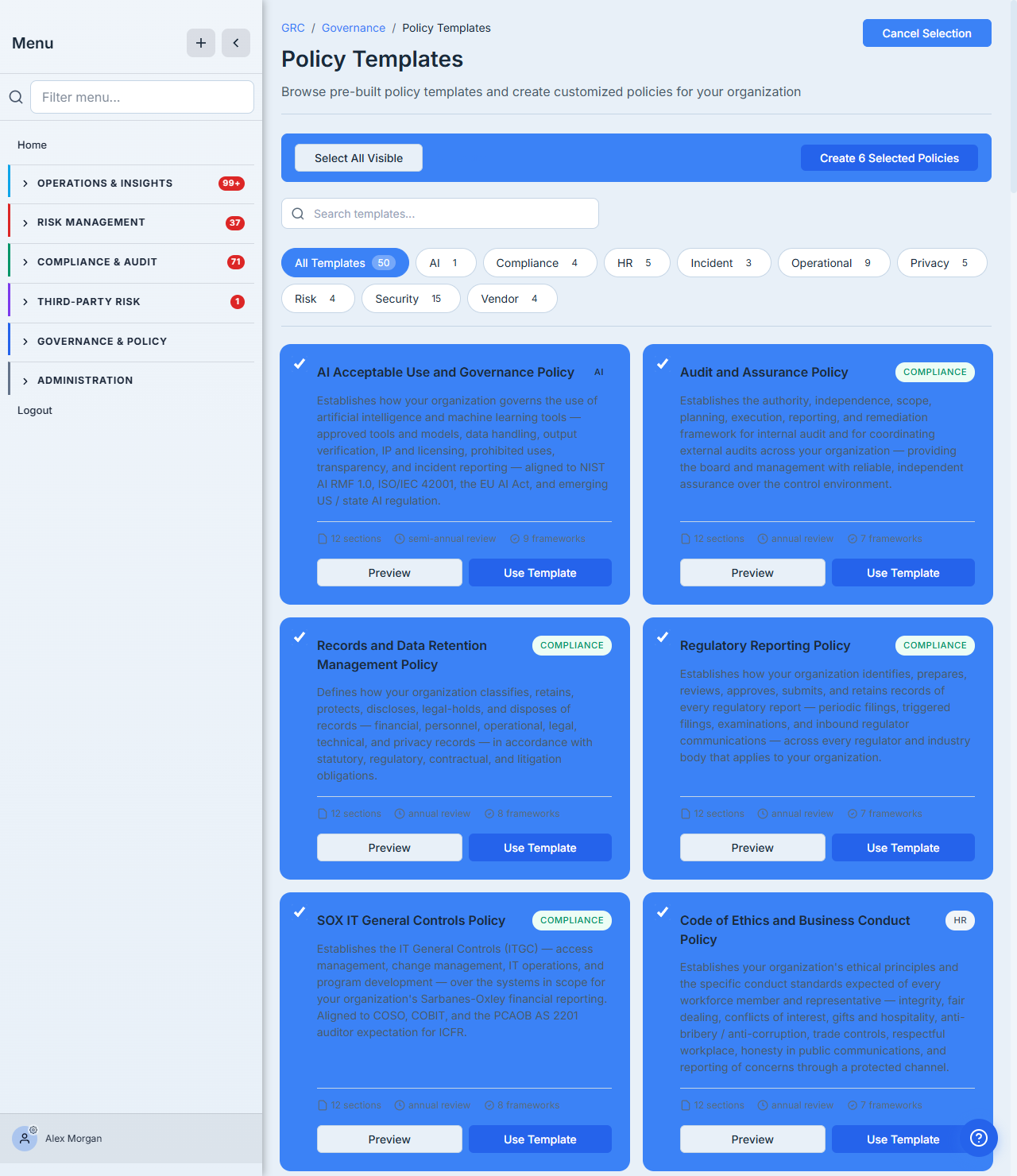 Bulk-create mode — six templates selected across categories (AI Acceptable Use, Audit and Assurance, Records and Data Retention, Regulatory Reporting, SOX IT General Controls, Code of Ethics) with a "Create Selected Policies" action.