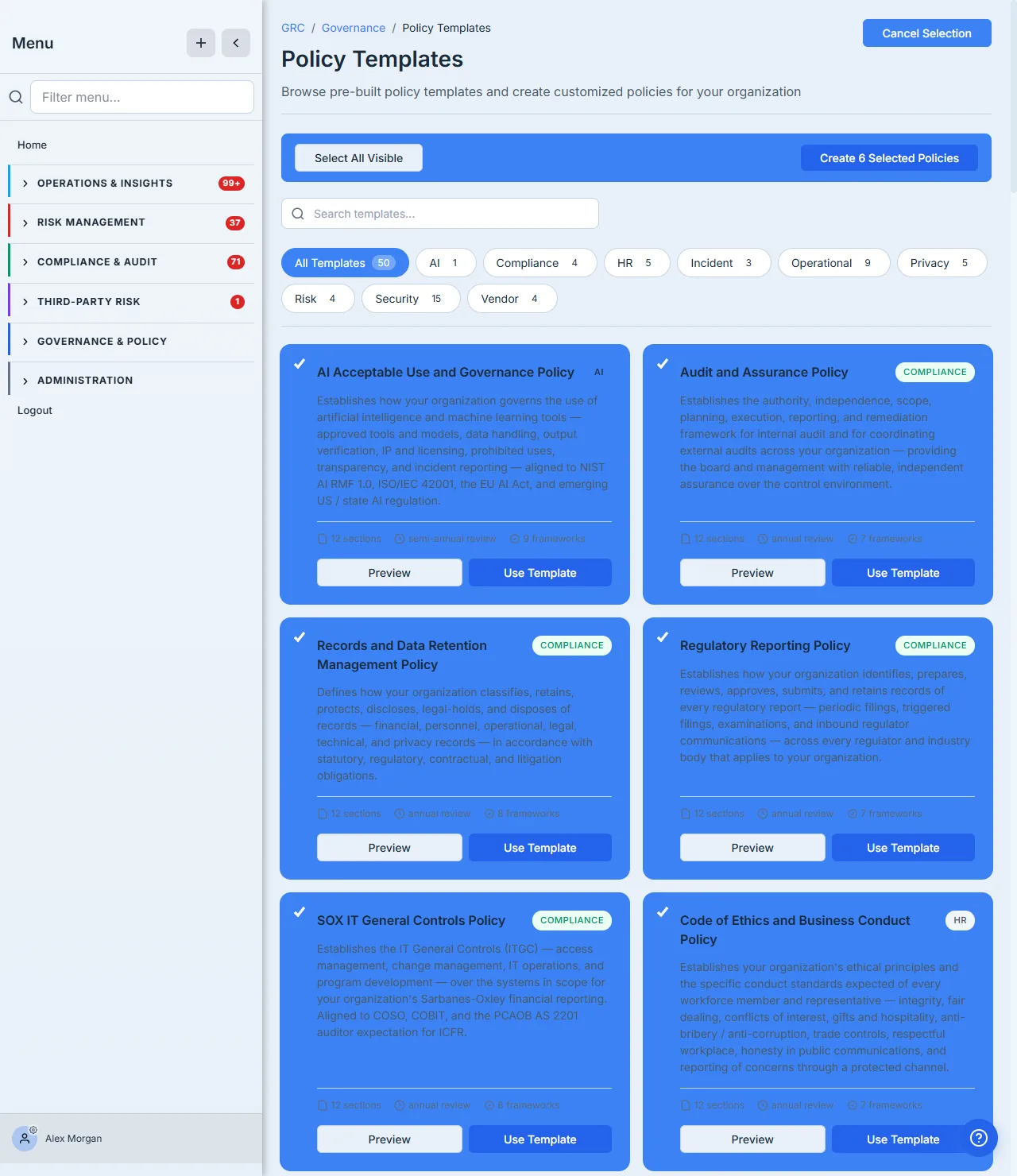 Bulk-create mode — six templates selected across categories (AI Acceptable Use, Audit and Assurance, Records and Data Retention, Regulatory Reporting, SOX IT General Controls, Code of Ethics) with a "Create Selected Policies" action.