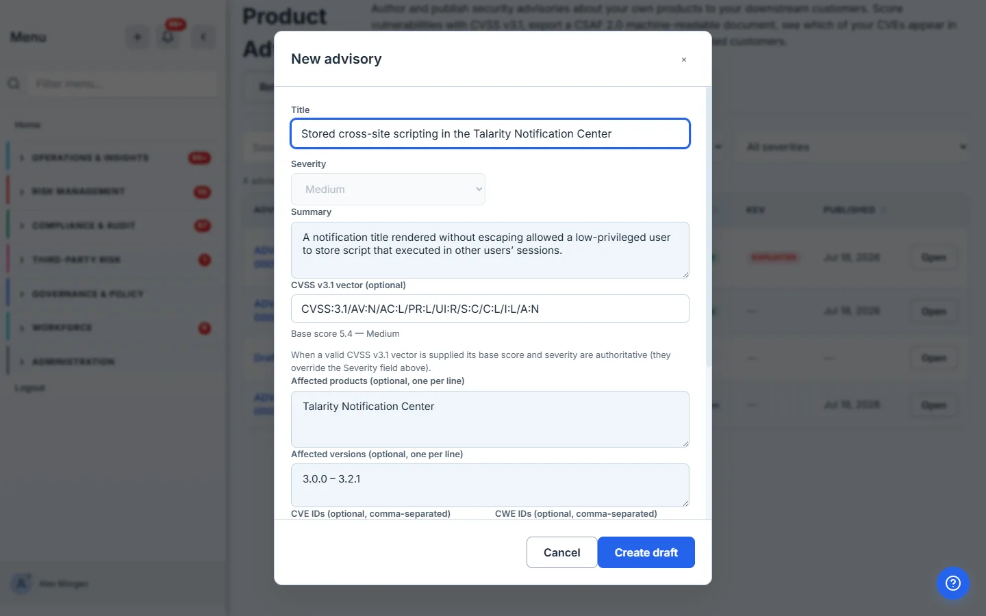 The New advisory editor: title, a greyed Severity field, summary, a CVSS v3.1 vector that computes a live "Base score 5.4 — Medium", and affected products/versions.