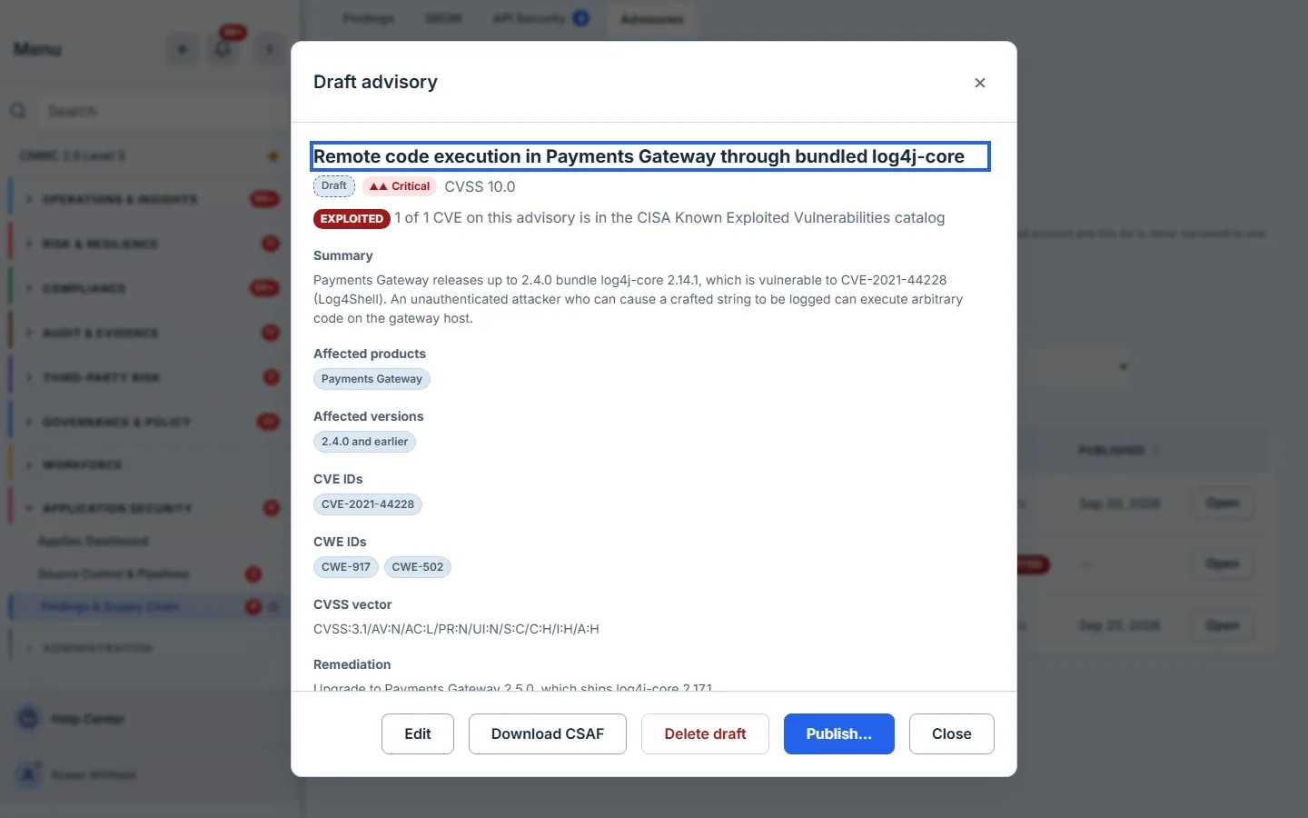 The detail drawer of a DRAFT advisory titled "Remote code execution in Payments Gateway through bundled log4j-core": a Draft status chip, a Critical severity chip, CVSS 10.0, and a red EXPLOITED badge beside the line "1 of 1 CVE on this advisory is in the CISA Known Exploited Vulnerabilities catalog". Below it the summary, affected products and versions, CVE-2021-44228, CWE-917 and CWE-502, and the full CVSS vector. The footer offers Edit, Download CSAF, Delete draft and Publish….