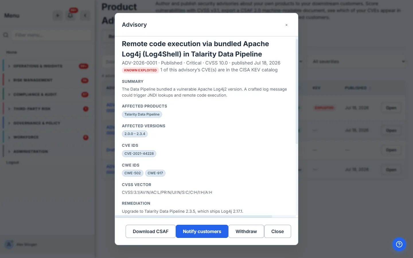 A published advisory's detail: ADV-2026-0001, Published, Critical, CVSS 10.0, a red "KNOWN EXPLOITED" badge citing the CISA KEV catalog, CVE/CWE identifiers, remediation, and Download CSAF / Notify customers / Withdraw actions.