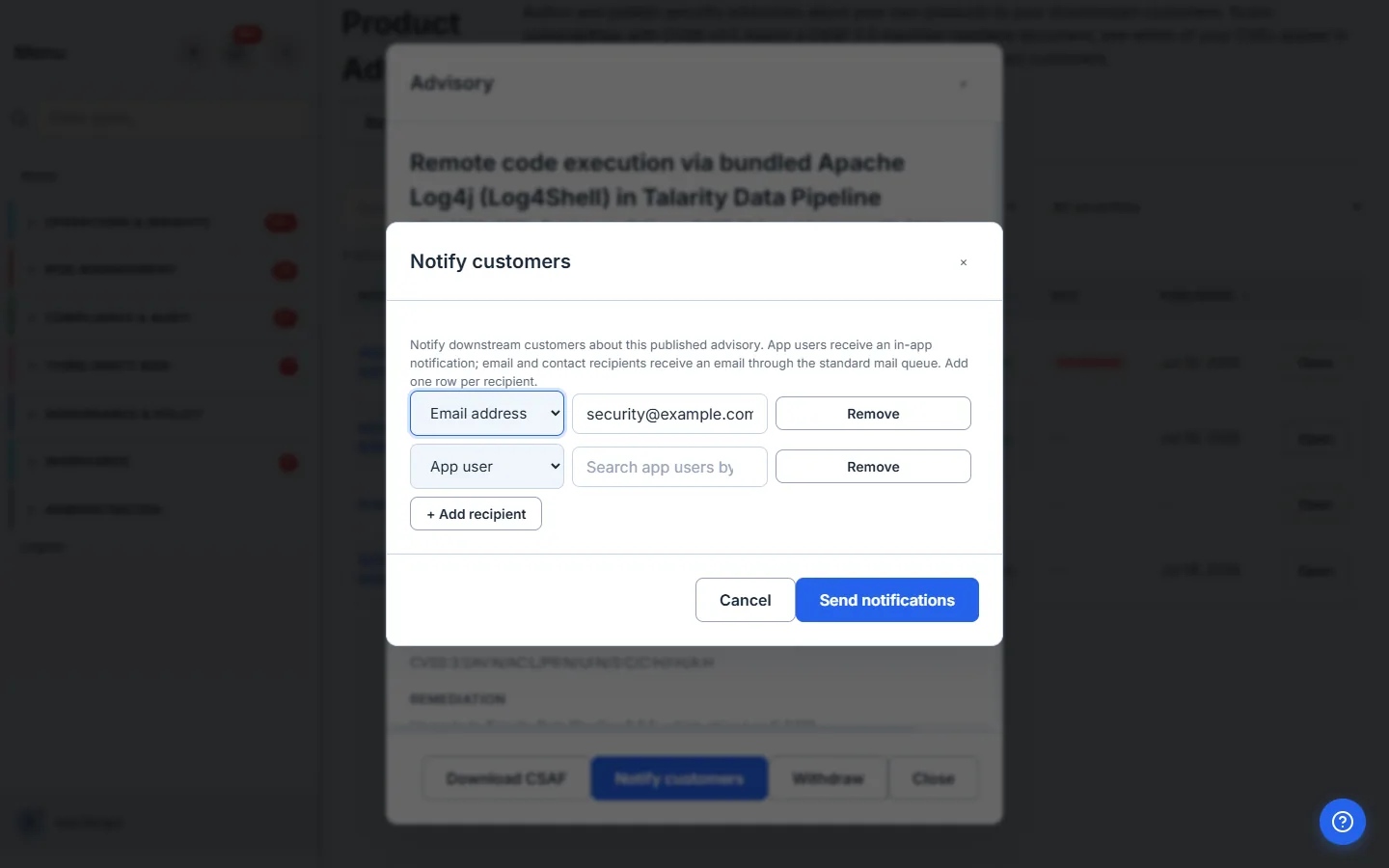 The Notify customers modal: a per-row recipient builder with an email recipient and an app-user recipient chosen by name ("Alex Morgan").