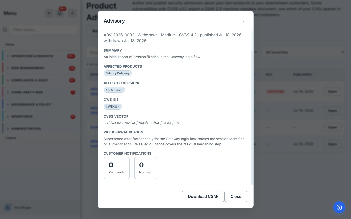A withdrawn advisory: status Withdrawn, a documented withdrawal reason, and terminal actions (only Download CSAF and Close remain).