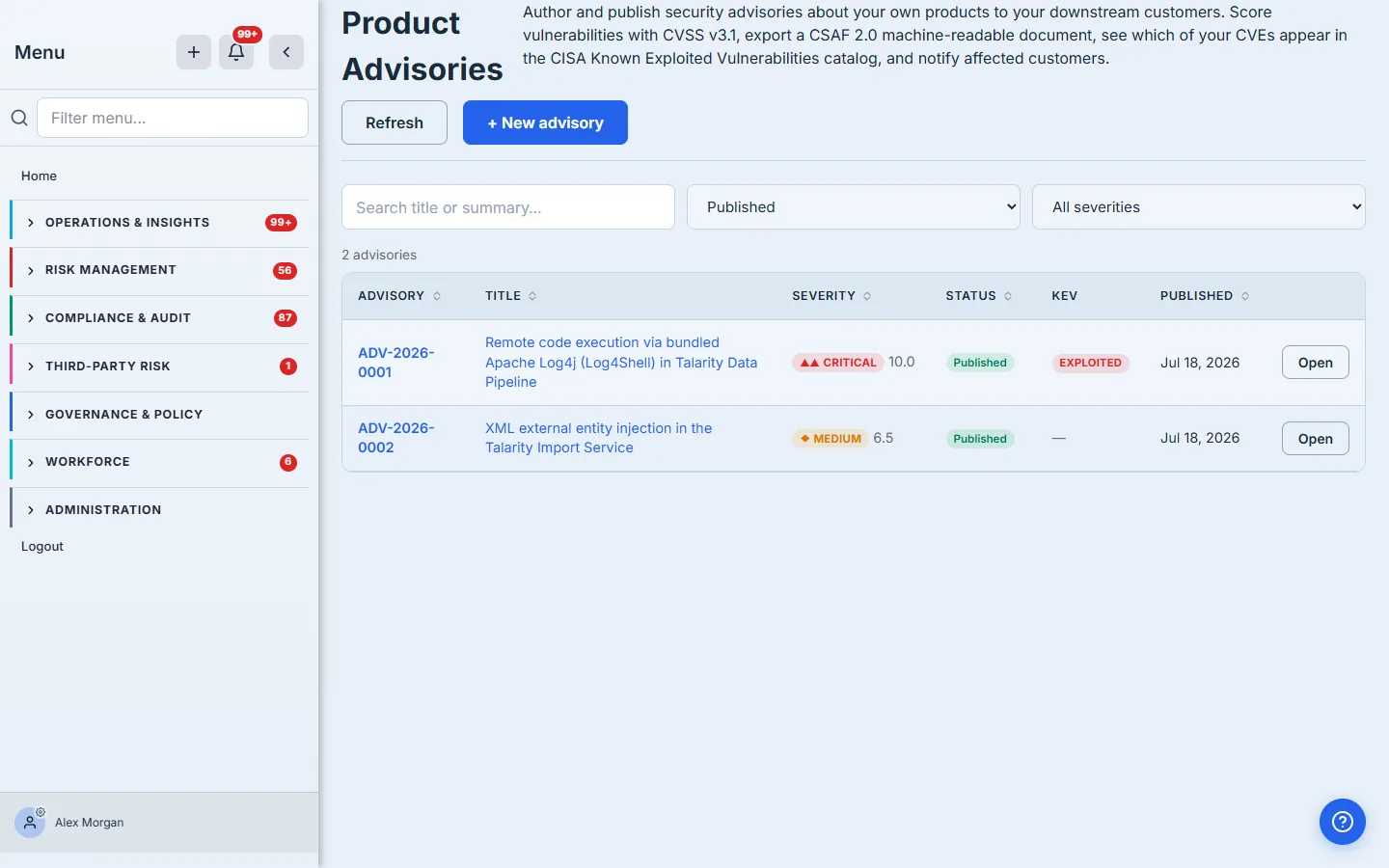 The register filtered to Published: the list narrows to the two published advisories, severity/CVSS and the KEV badge intact.