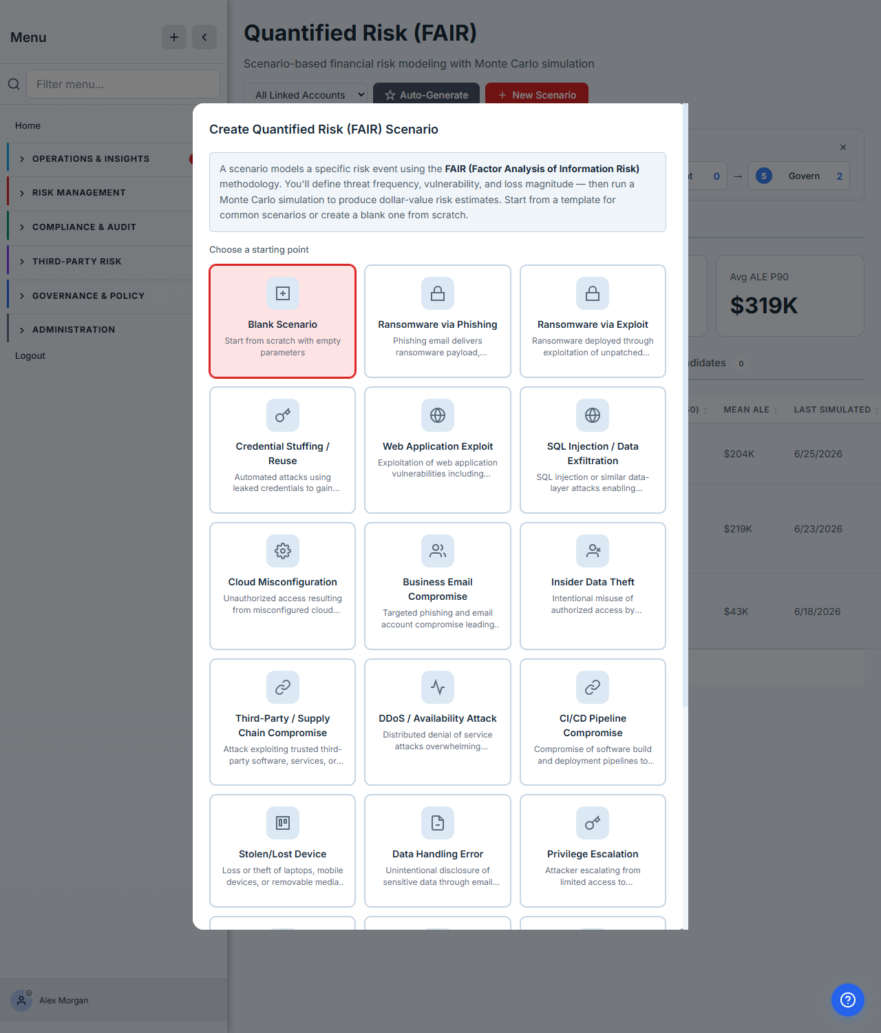 The "Create Quantified Risk (FAIR) Scenario" modal — an explanation that you define threat frequency, vulnerability, and loss magnitude, then run a Monte Carlo simulation to produce dollar-value estimates, with a grid of starting-point templates (Blank Scenario, Ransomware via Phishing, Ransomware via Exploit, Credential Stuffing / Reuse, Web Application Exploit, SQL Injection / Data Exfiltration, Cloud Misconfiguration, Business Email Compromise, Insider Data Theft, and more).