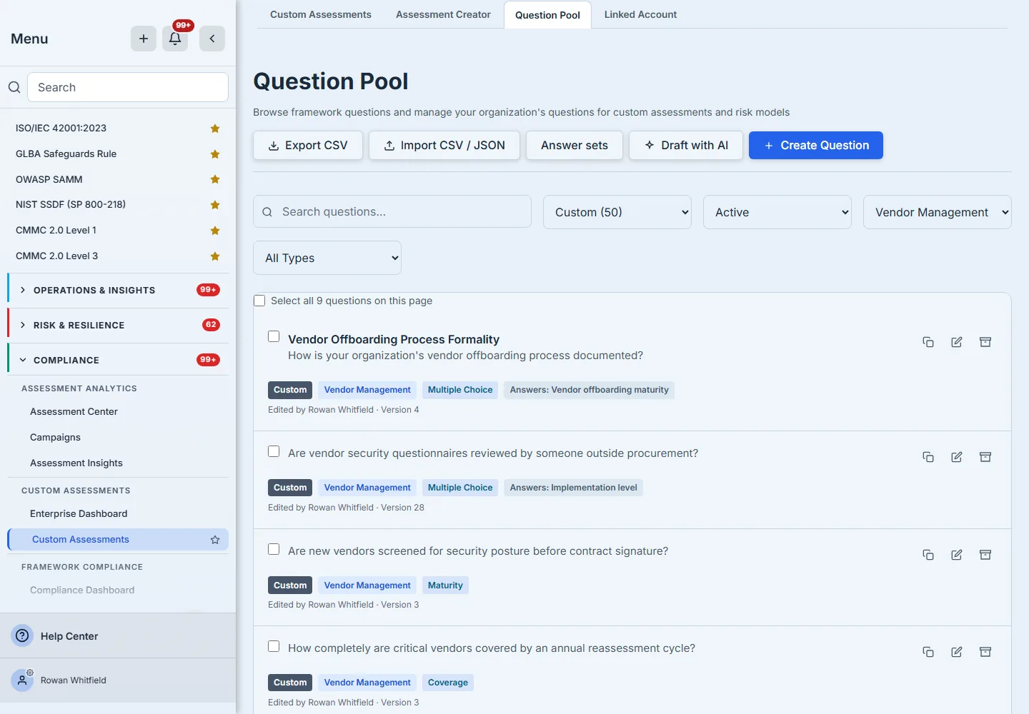 The Question Pool filtered to the organization's own Vendor Management questions (nine, four in view), each card with its category, type and answer-set badges and who last edited it, and the header's Export CSV, Import CSV / JSON, Answer sets, Draft with AI and Create Question.