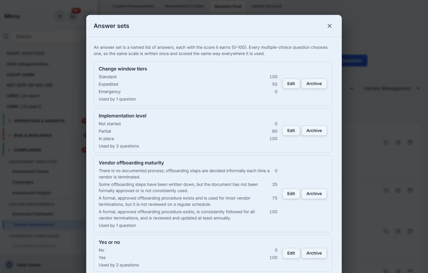 The Answer sets manager: each set with its answers and scores, the number of questions that use it, and Edit and Archive beside it.