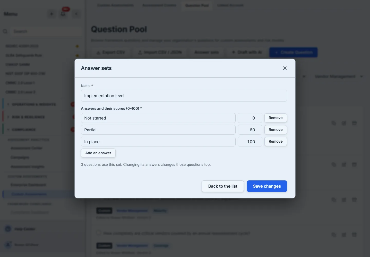 Editing Implementation level: its answers and scores, Add an answer, and the note that the questions using the set change with it.
