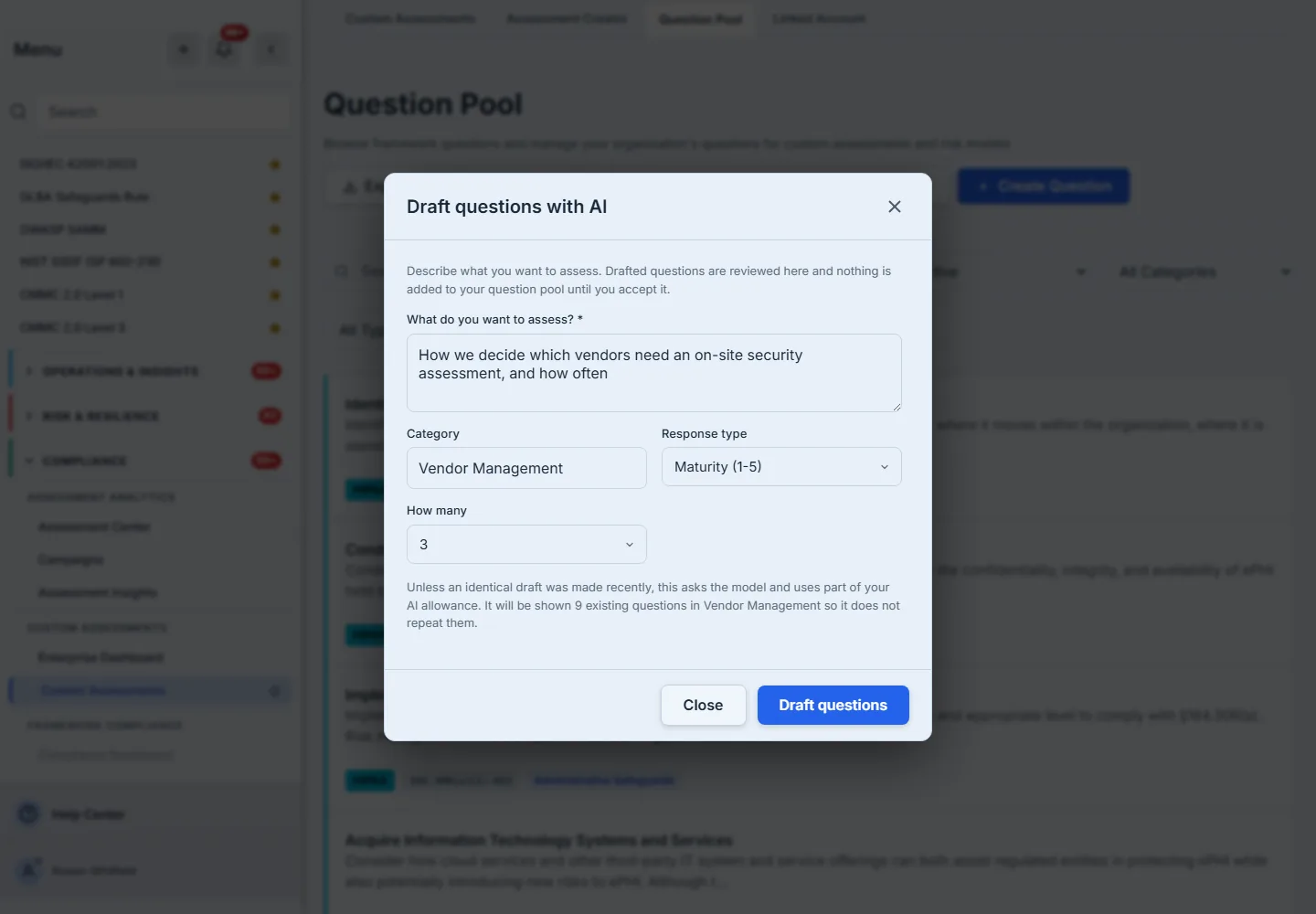Draft questions with AI: what to assess, the Vendor Management category, the response type and count, and the line saying when the request uses AI allowance and how many existing questions the model will be shown.