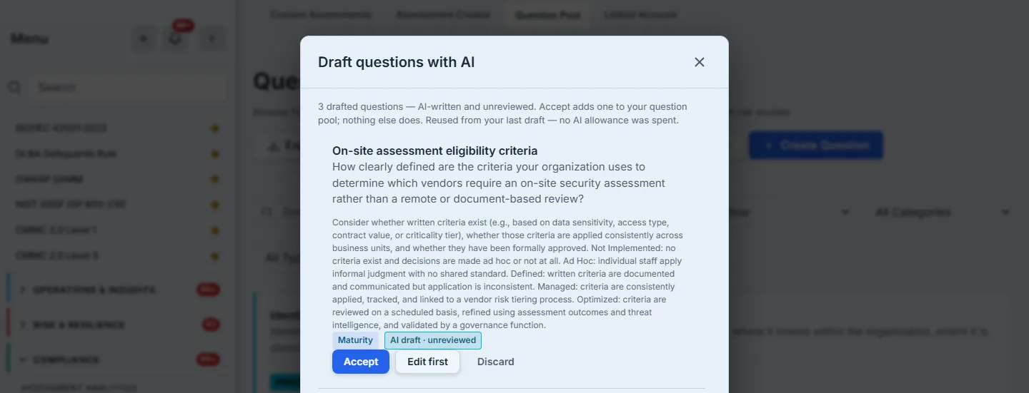 The first of three drafted questions, marked AI draft · unreviewed, with Accept, Edit first and Discard; the lead says it was reused from the last draft and no AI allowance was spent.