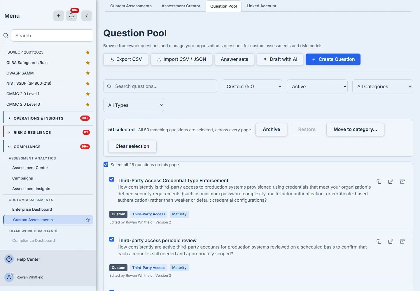 Every matching custom question selected across every page, with Archive, a disabled Restore, Move to category and Clear selection.