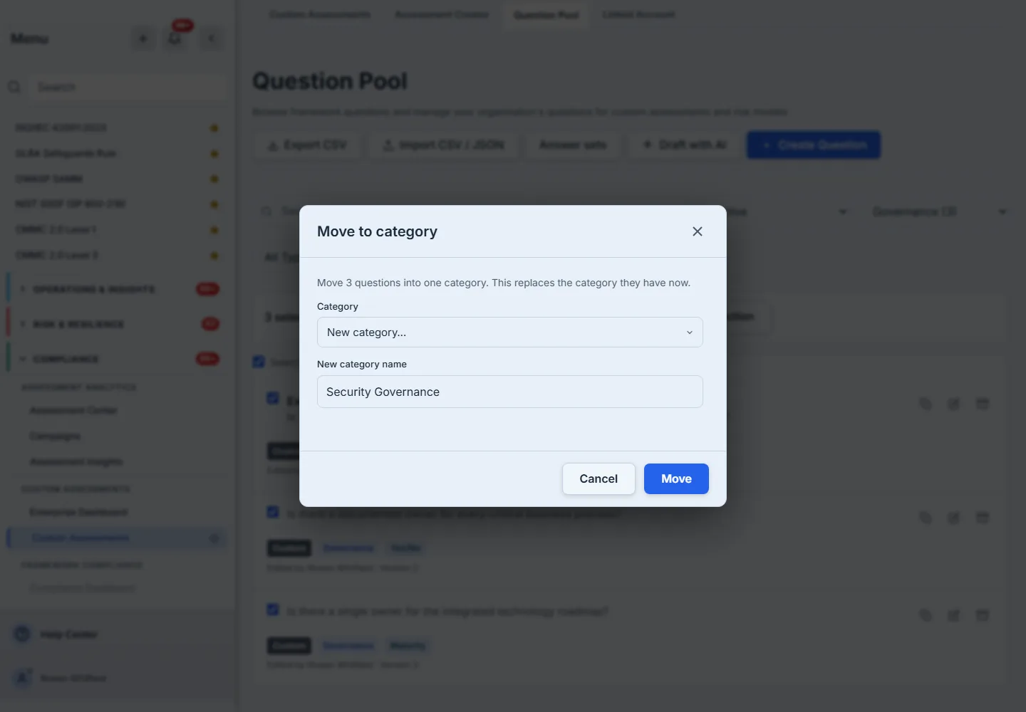 Move to category: the three Governance questions moving into a new category named Security Governance, with the note that it replaces the category they have now.