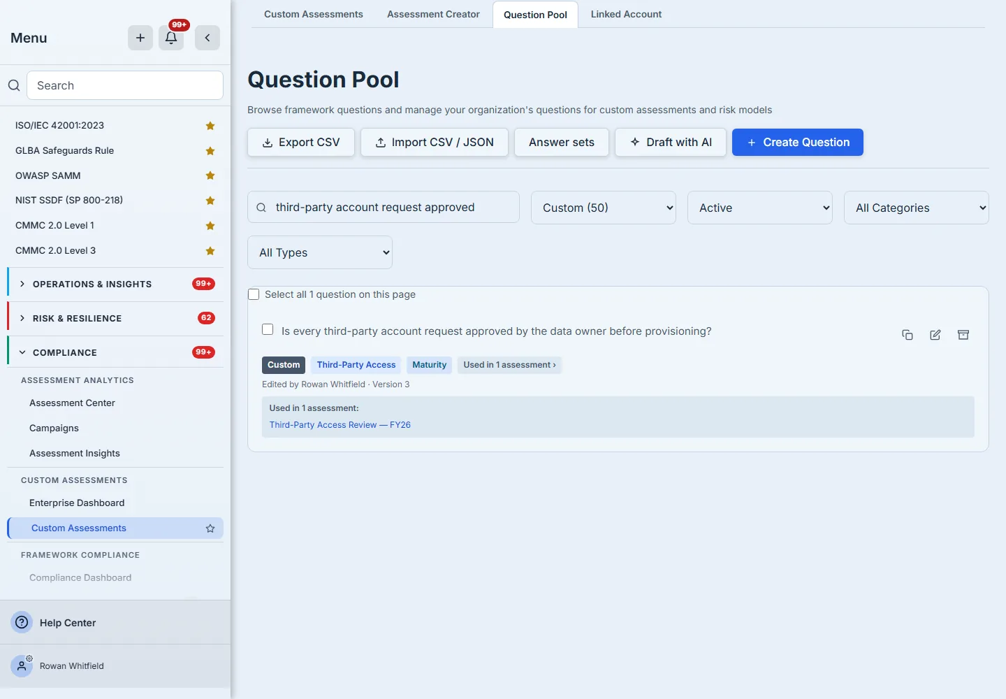 A Third-Party Access question with its Used in 1 assessment badge opened, naming Third-Party Access Review — FY26.