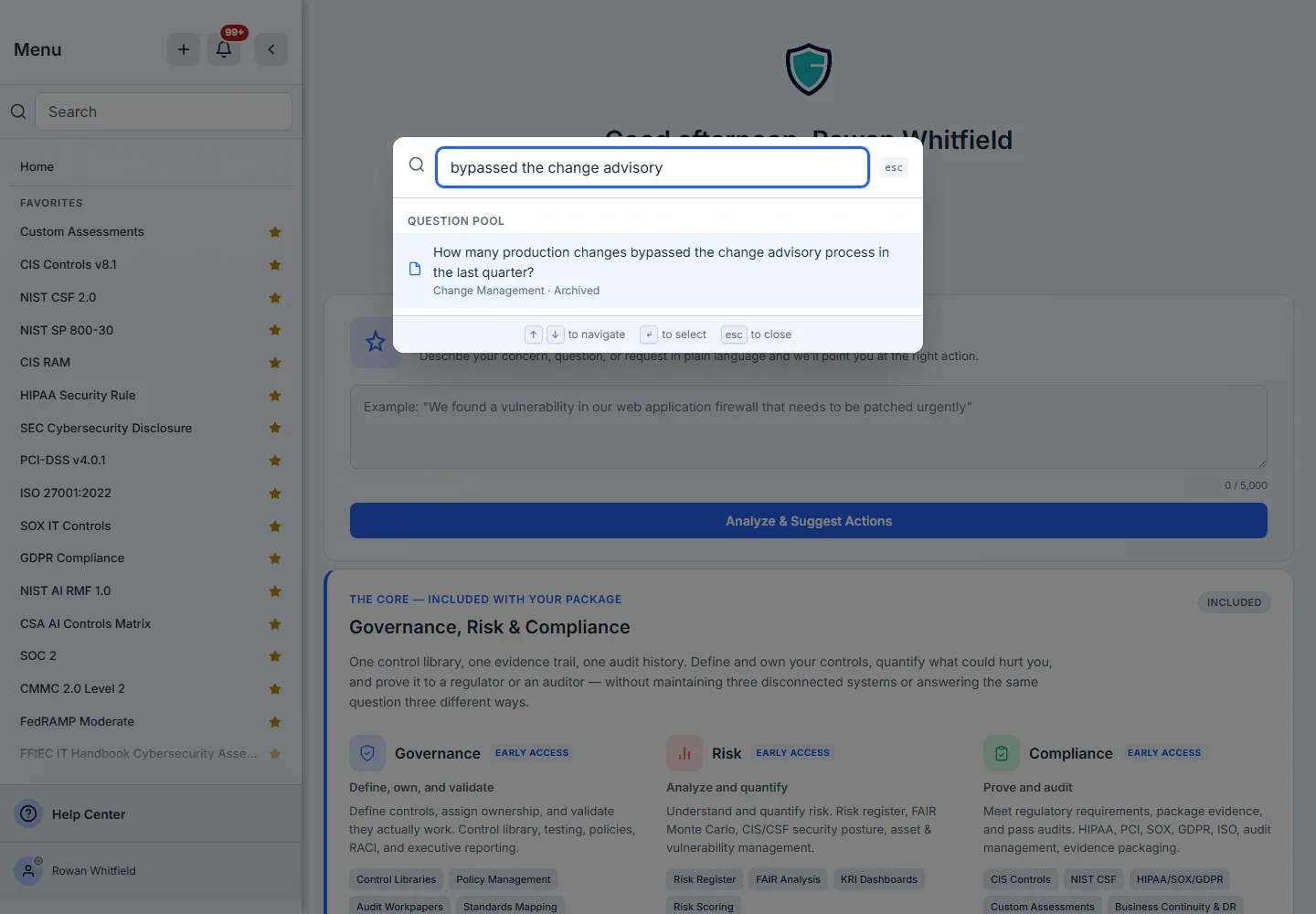 Global search: the Question Pool group lists a retired change-advisory question with its category and Archived.